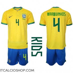 Brasile Marquinhos #4 Prima Maglia Bambino Mondiali 2022 Manica Corta (+ Pantaloni corti)